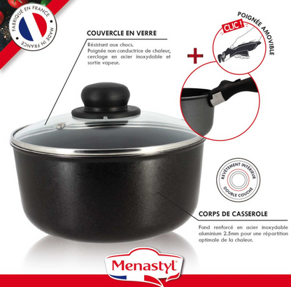 Lot de 3 casseroles inox + poignée amovible