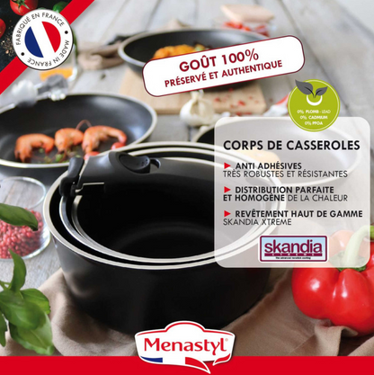 Lot de 3 casseroles inox + poignée amovible