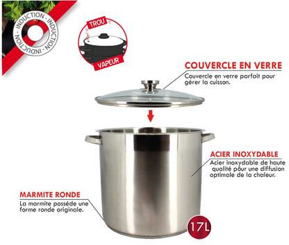 Marmite en inox avec couvercle - 17 Litres