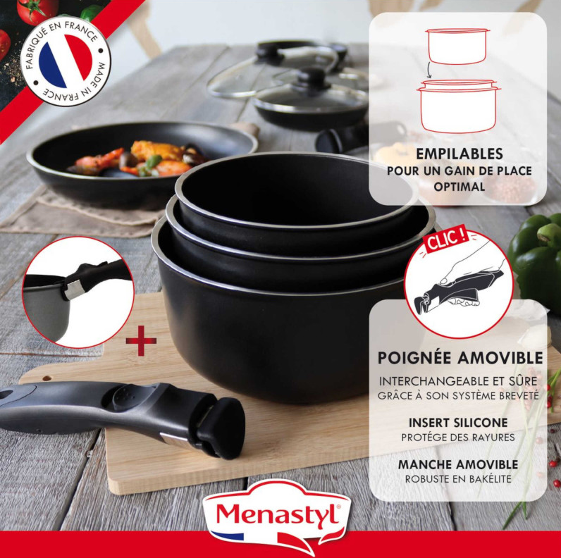 Lot de 3 casseroles inox + poignée amovible